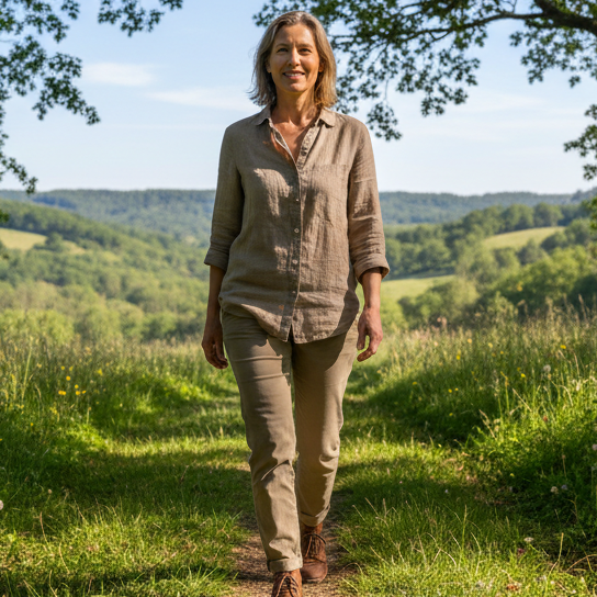 middle aged woman walking with a smile on her fac